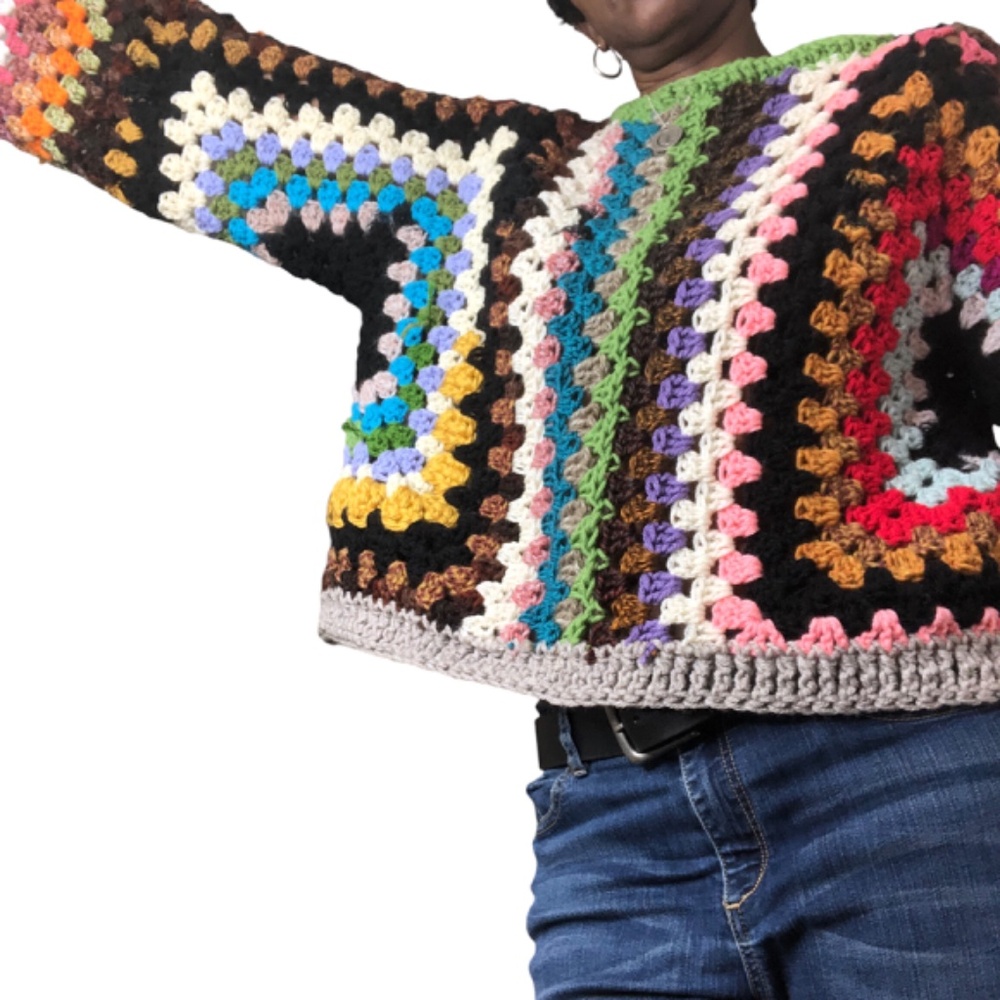 Multi-Color Artisan Cropped Pullover Bohemian Style Sweater - Picture 10 of 14